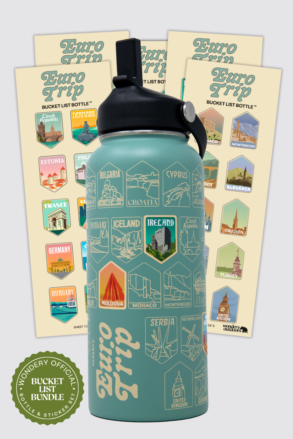 green euro trip travel water bottle and sticker sheet set with green logo in corner