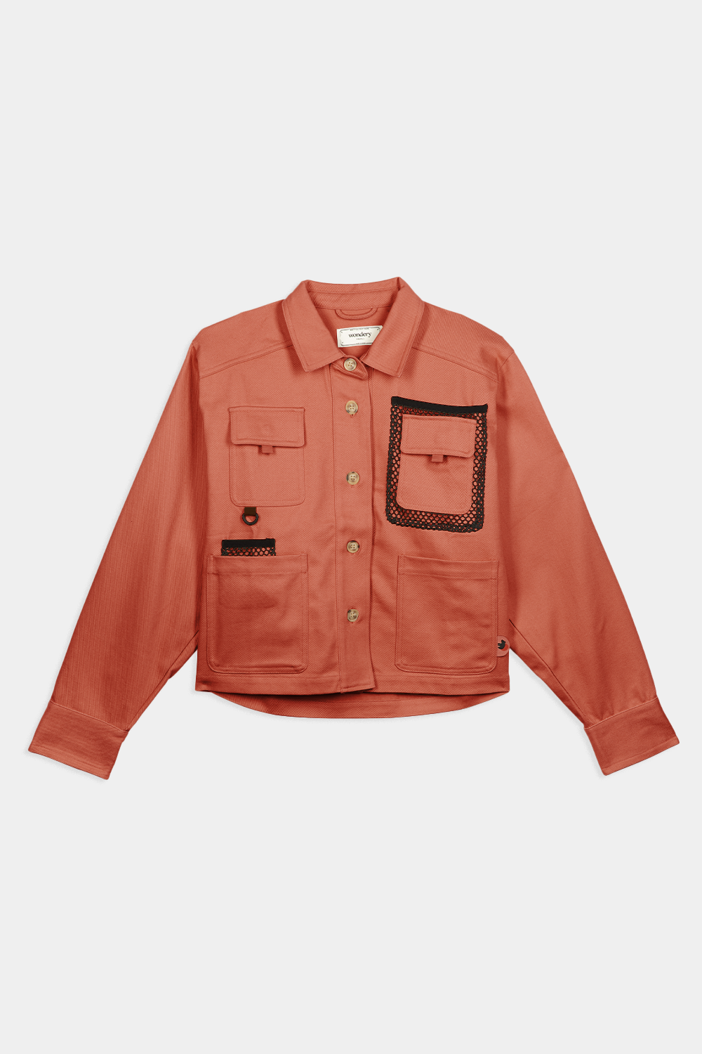 flat lay image of coral red denim 4-pocket long sleeve outdoor denim 4-pocket jacket