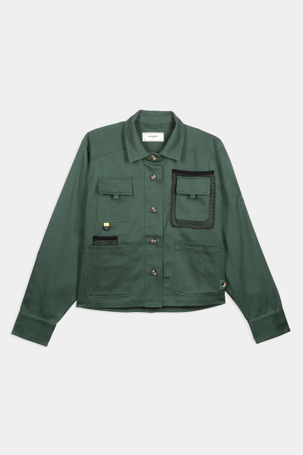 flat lay image of forest green denim 4-pocket long sleeve outdoor denim jacket
