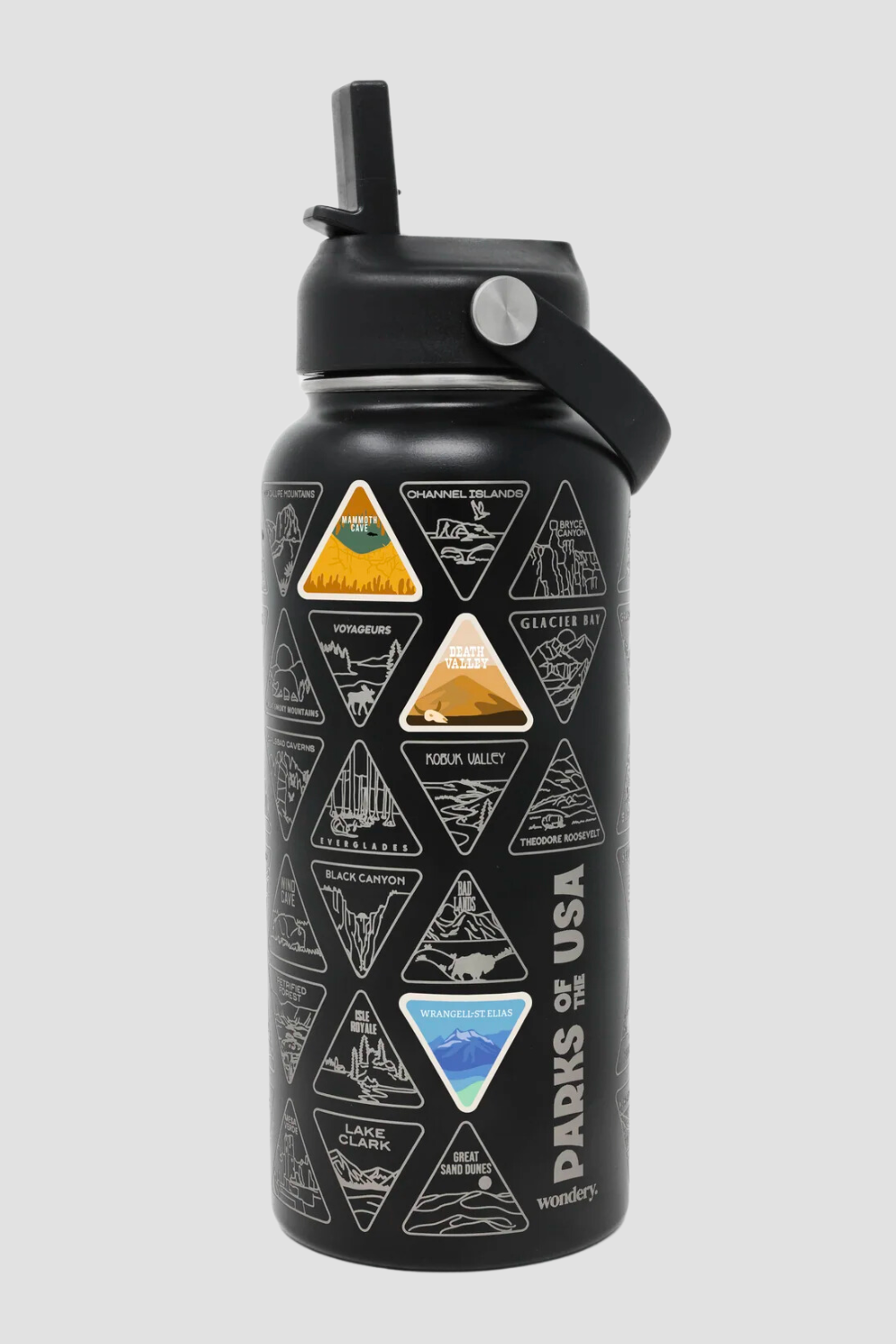 black travel camping hiking water bottle with carrying strap #color_black