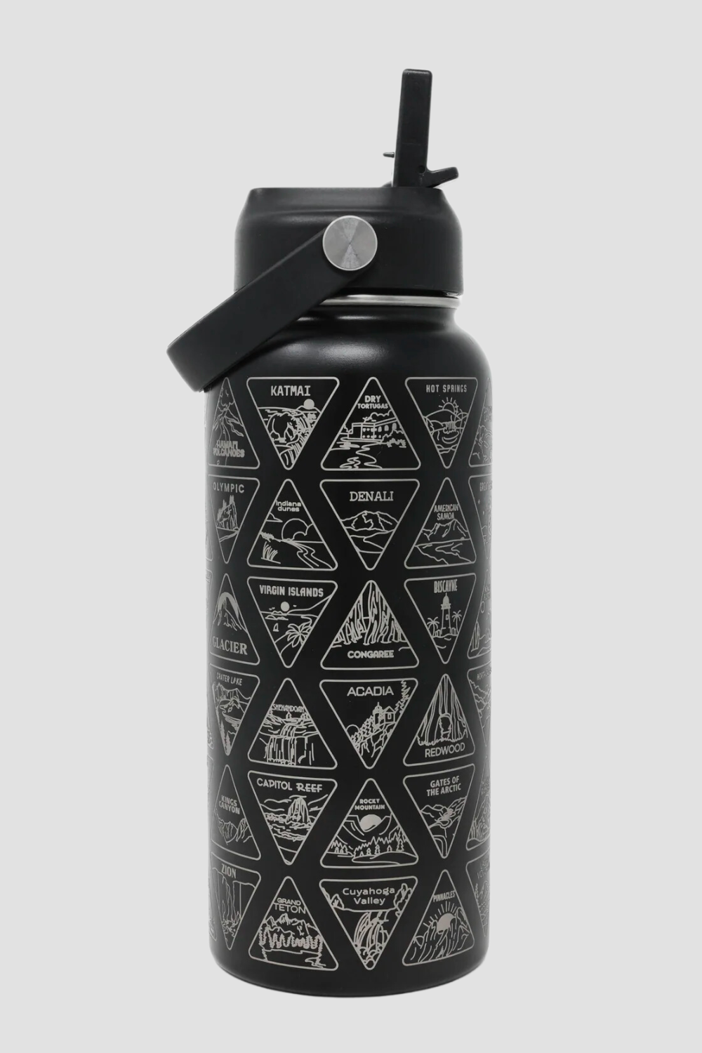 black travel camping hiking water bottle with carrying strap #color_black