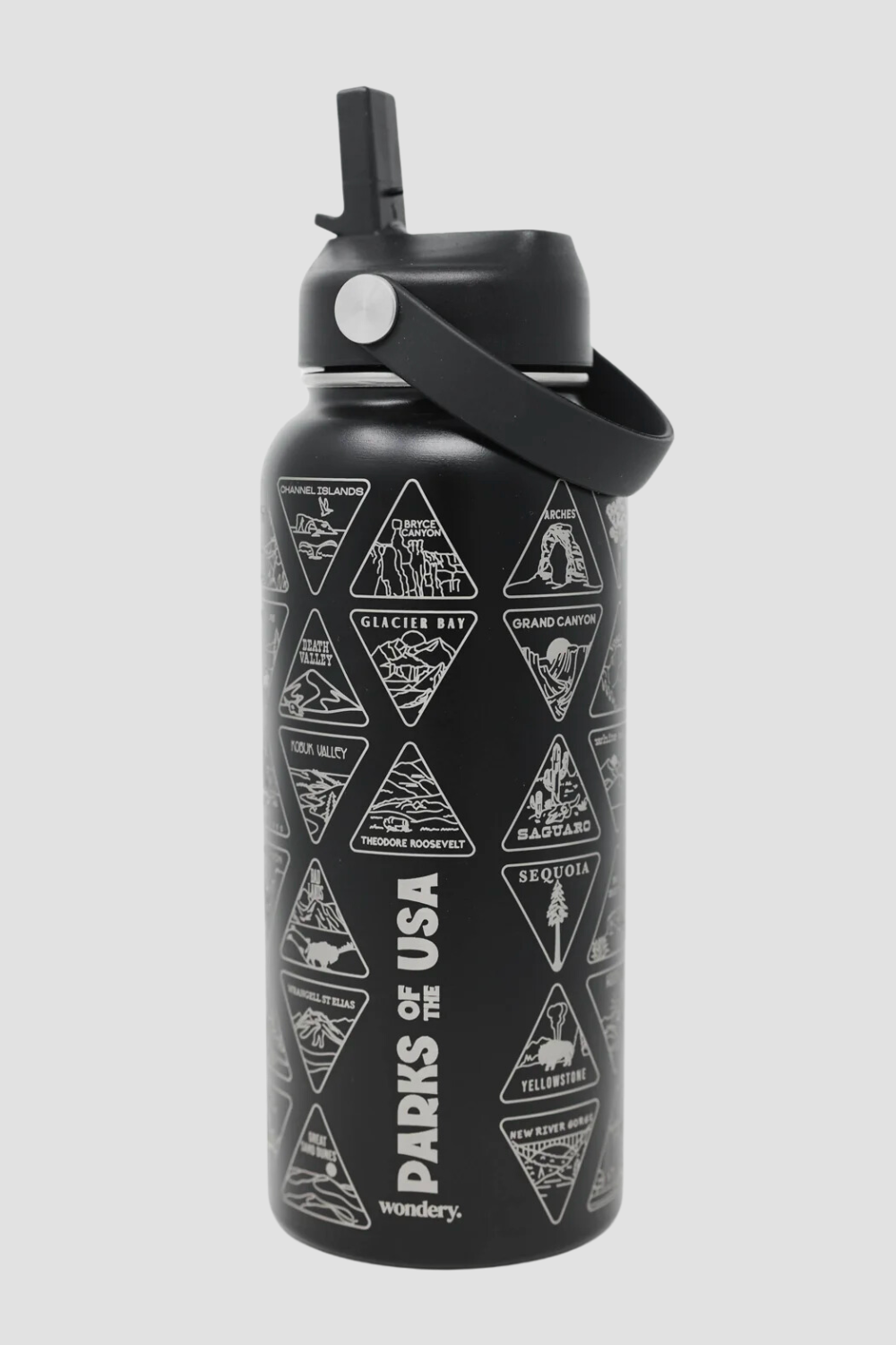 #color_black _black travel camping hiking water bottle with carrying strap