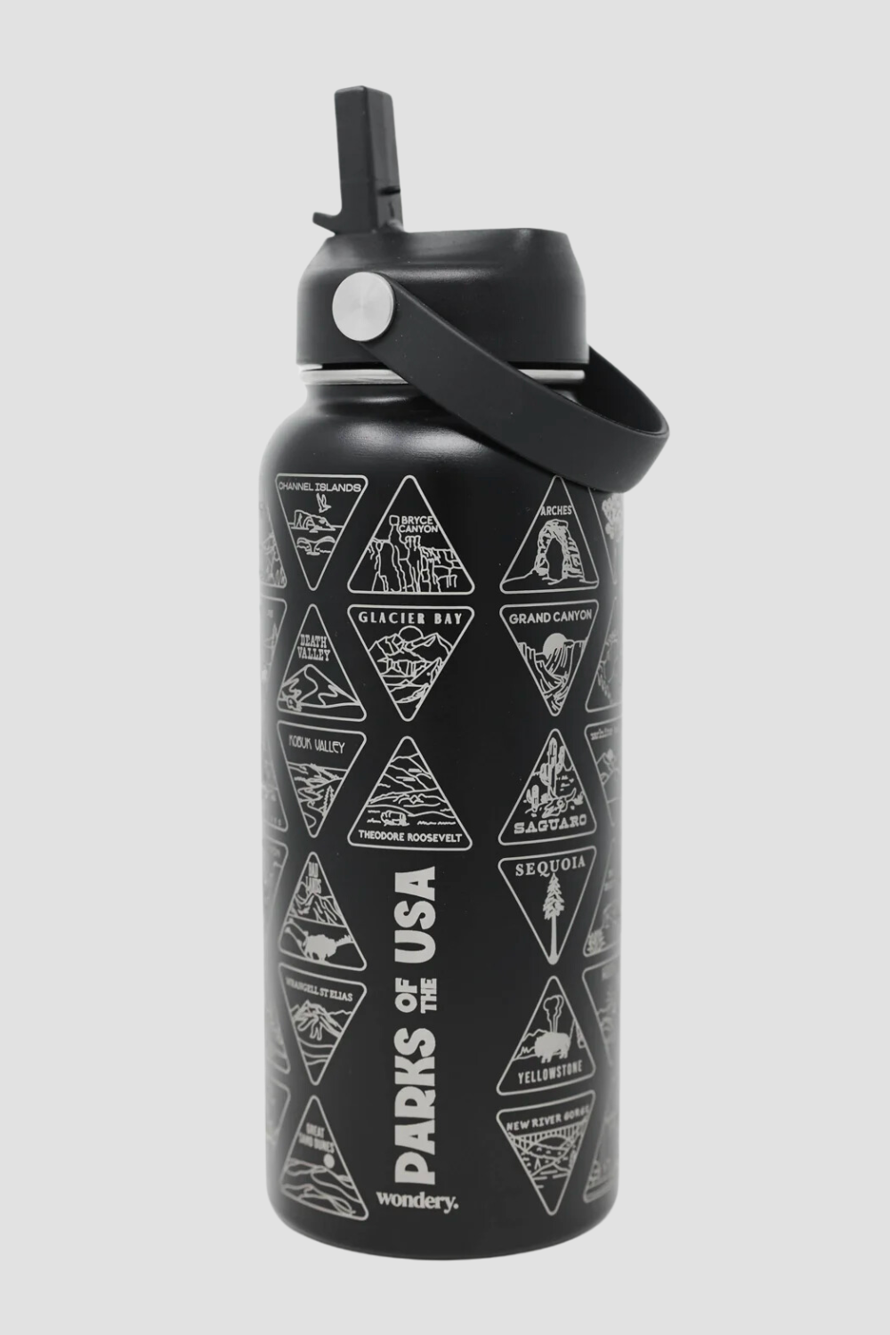 black travel camping hiking water bottle with carrying strap #color_black