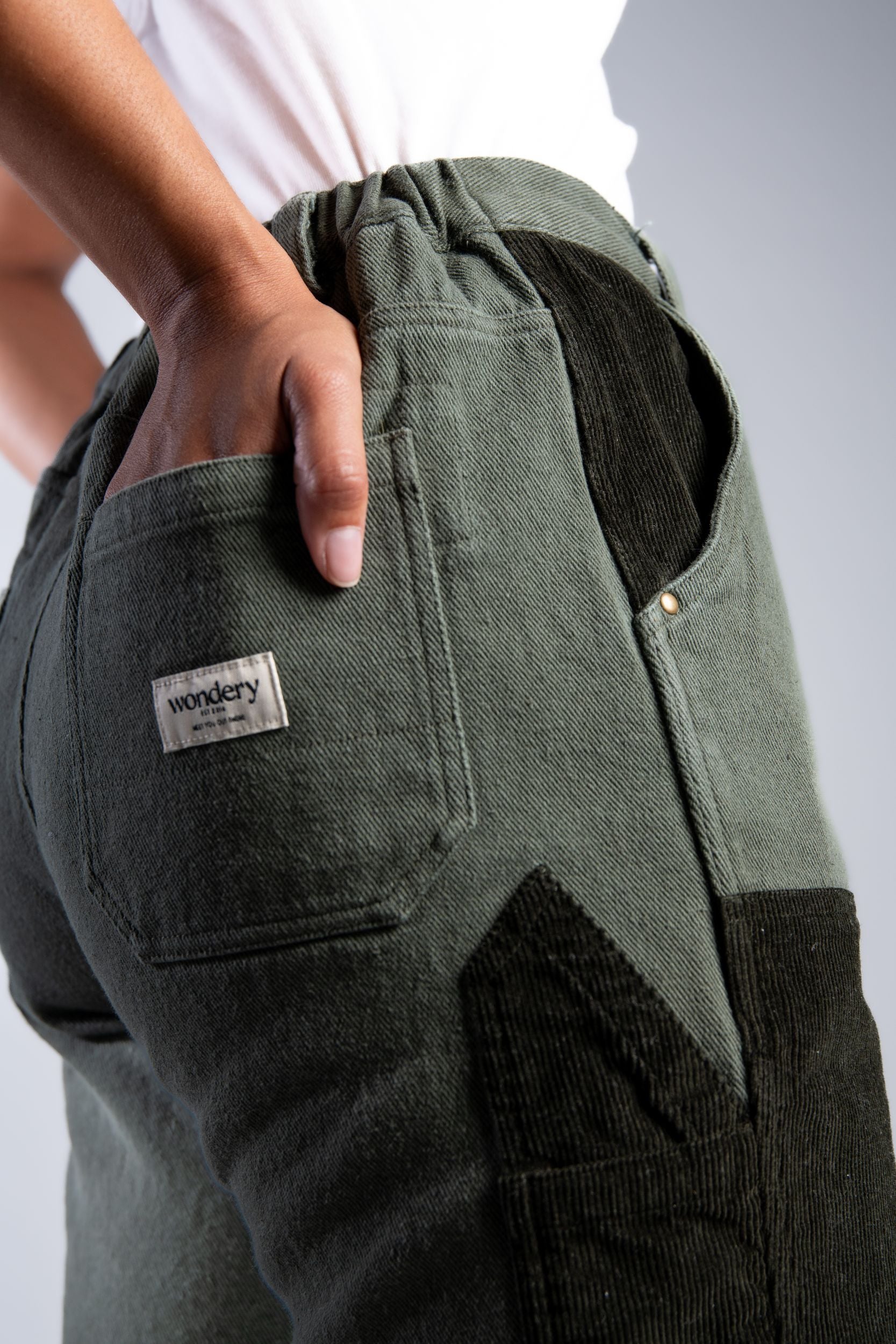women's straight leg patchwork denim pants pockets #color_forest