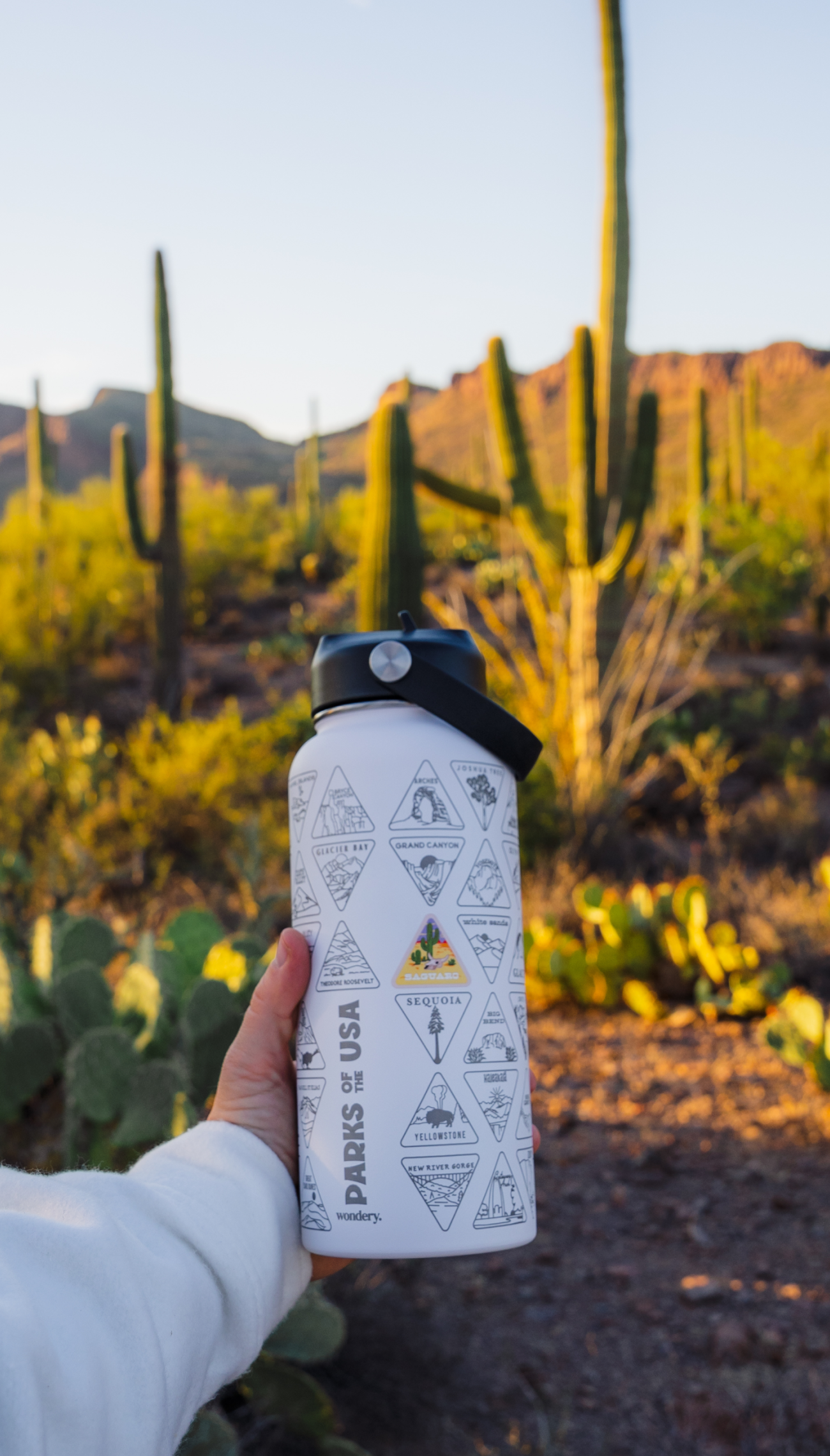 hand holding white travel bottle with USA national parks and Arizona cacti are in the background