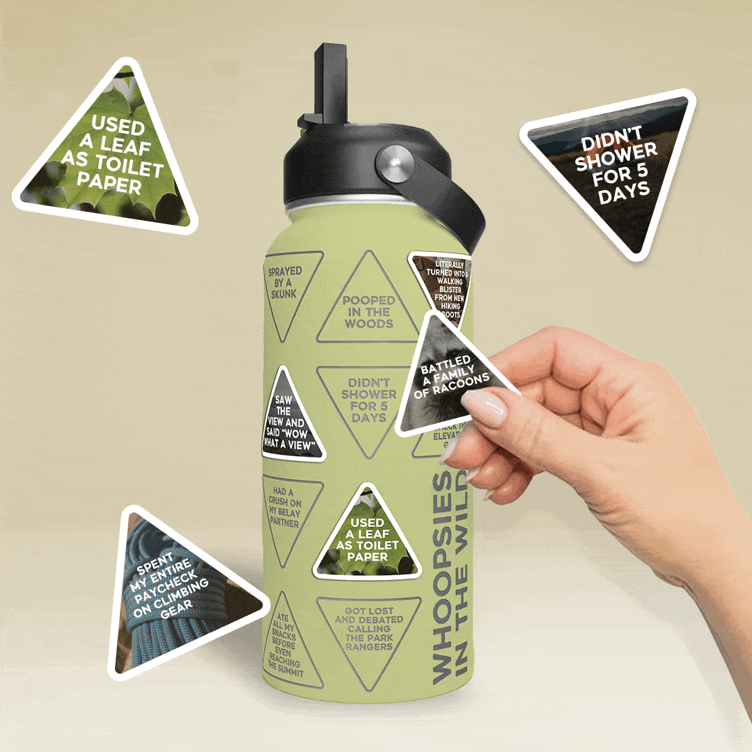 green travel water bottle with moving souvenir stickers moving on top of image