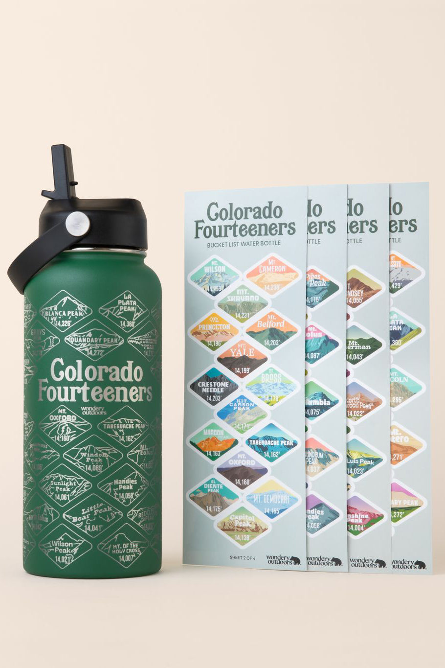 green Colorado travel bottle with strap and 4 Colorado souvenir sticker sheets