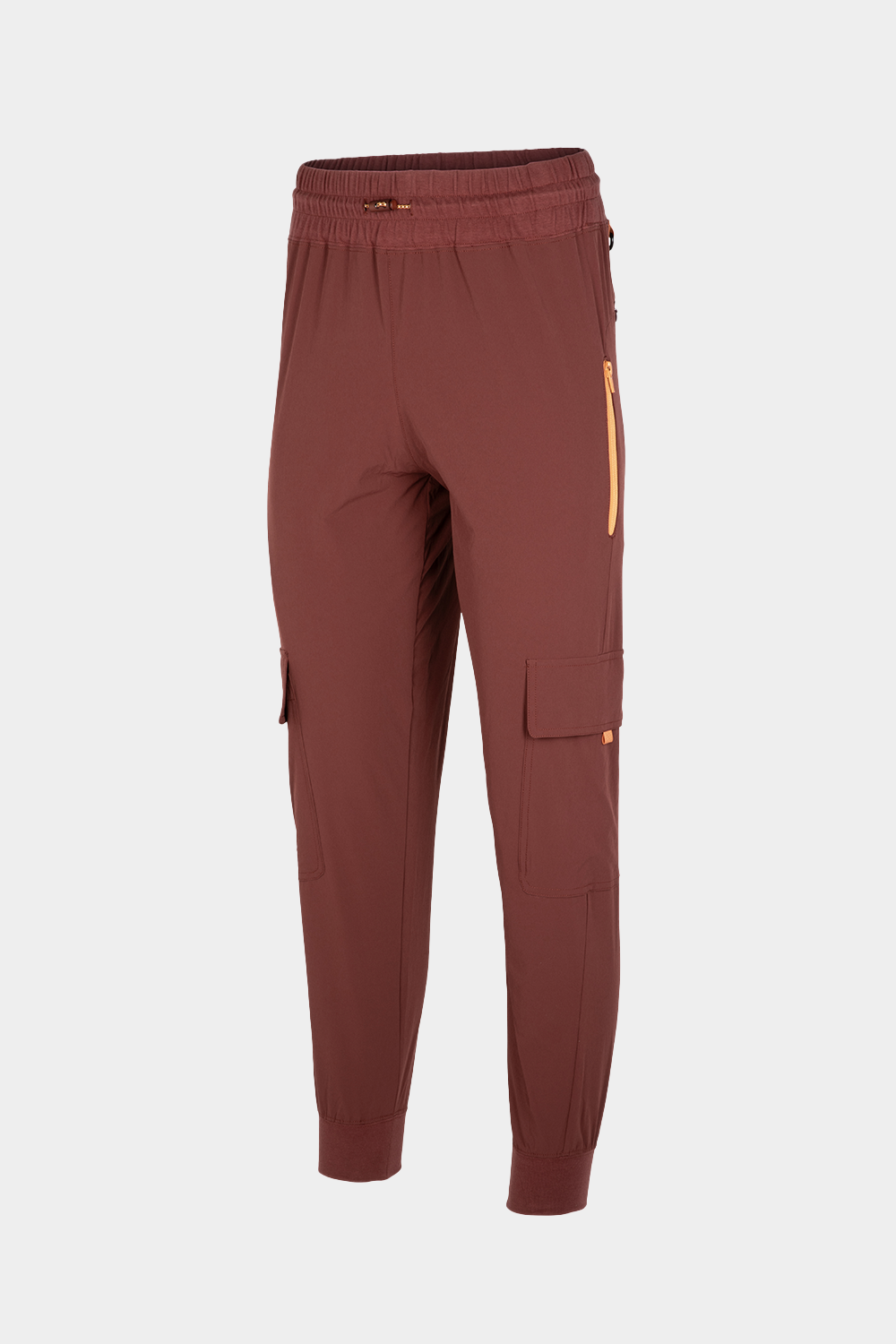 front view of burgundy red lightweight women's climbing pants with cargo pockets and elastic waistband on female mannequin