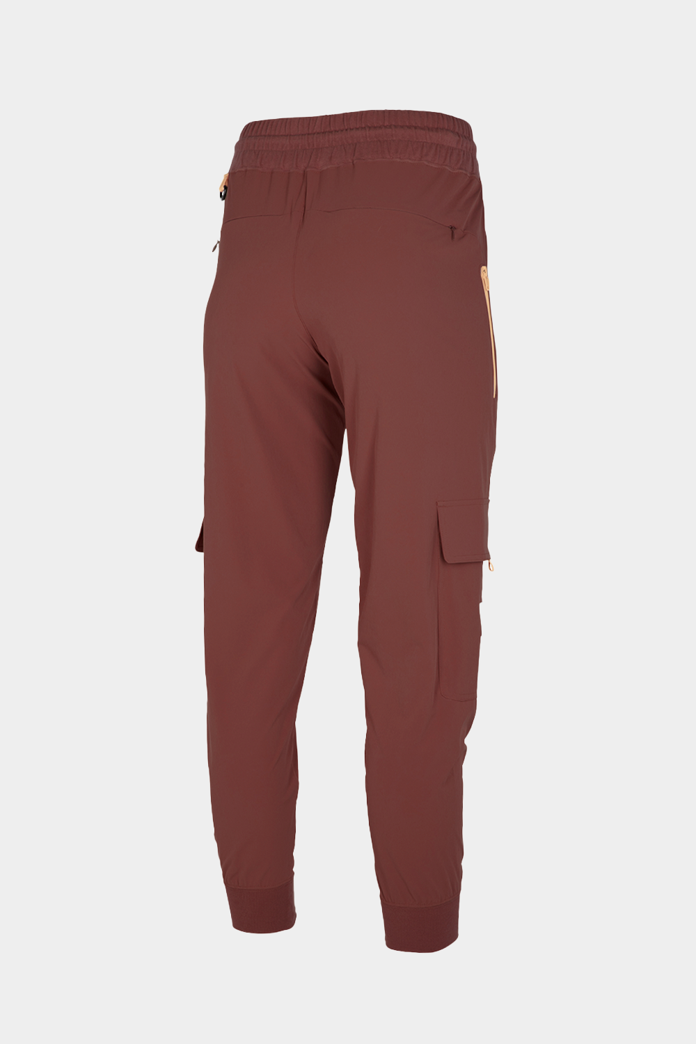 back view of burgundy red lightweight women's climbing pants with cargo pockets and elastic waistband on female mannequin