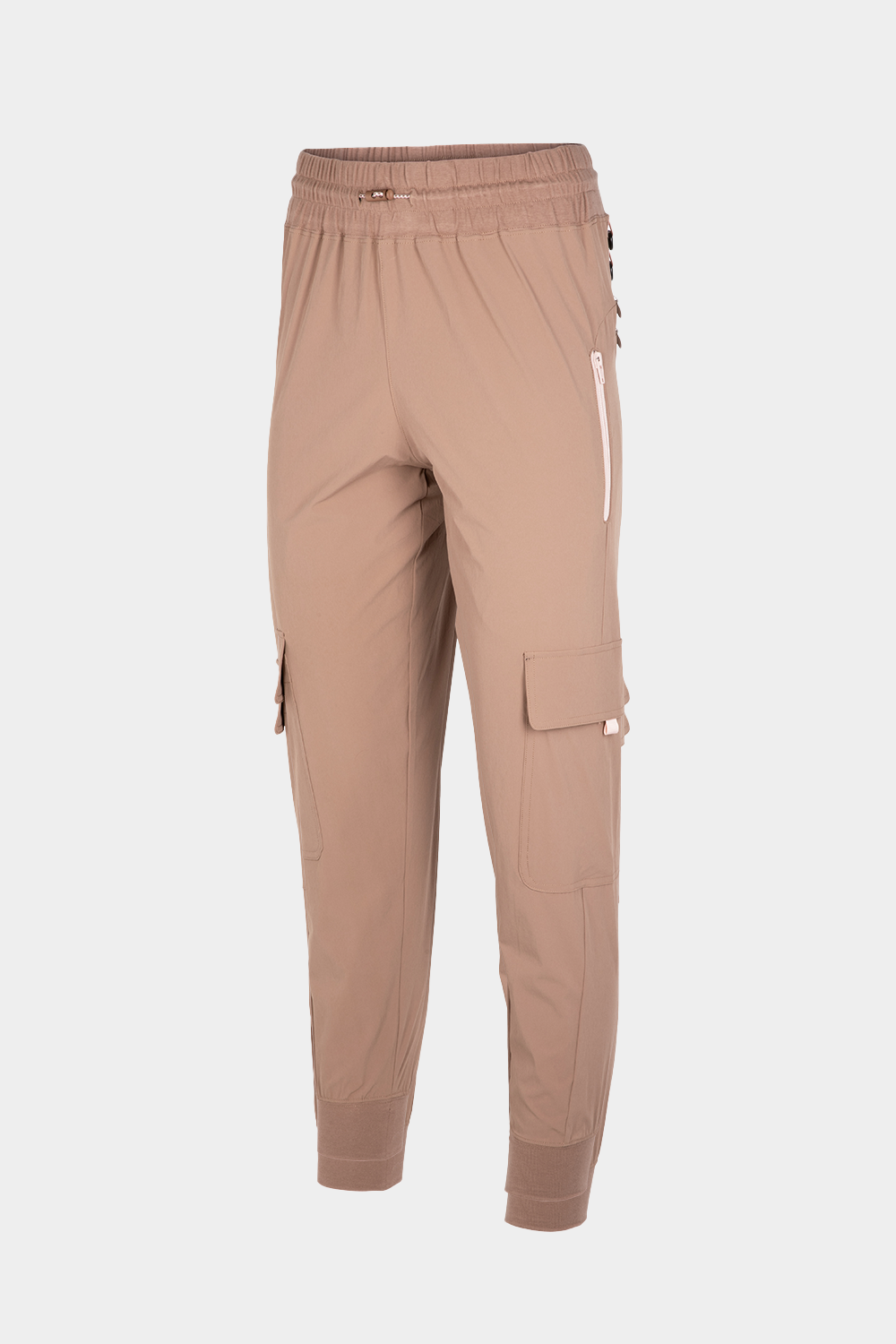 front view of brown lightweight women's climbing pants with cargo pockets and elastic waistband on female mannequin