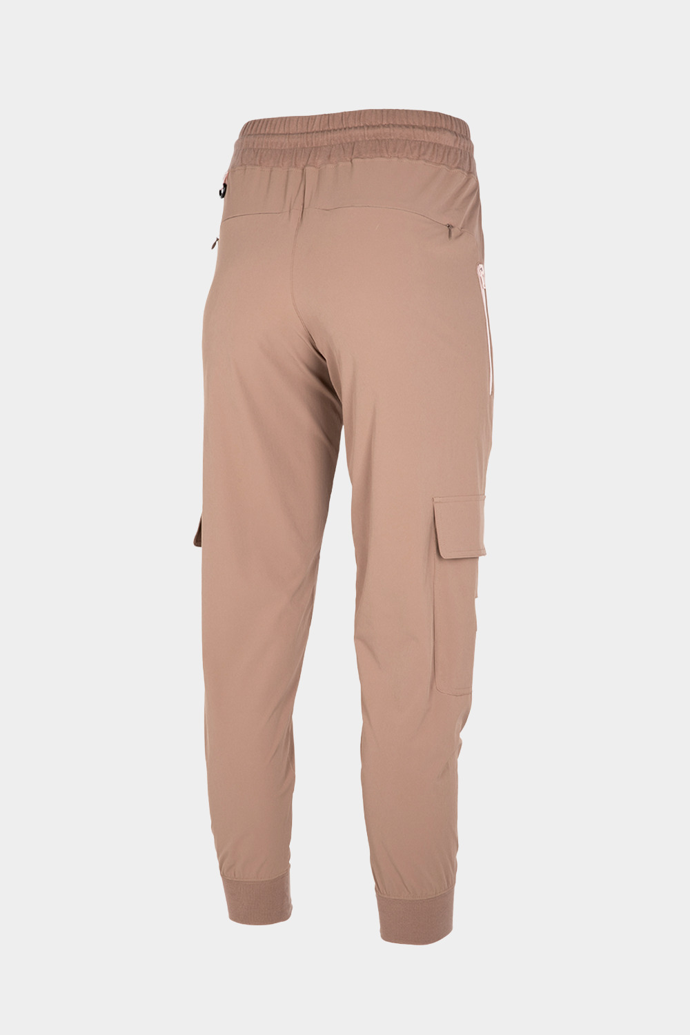 back view of brown lightweight women's climbing pants with cargo pockets and elastic waistband on female mannequin