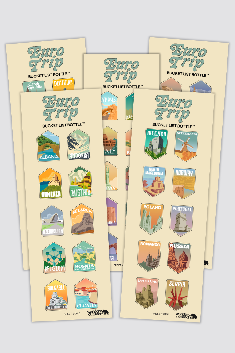 5 souvenir Euro Trip sticker sheet sets with European country stickers