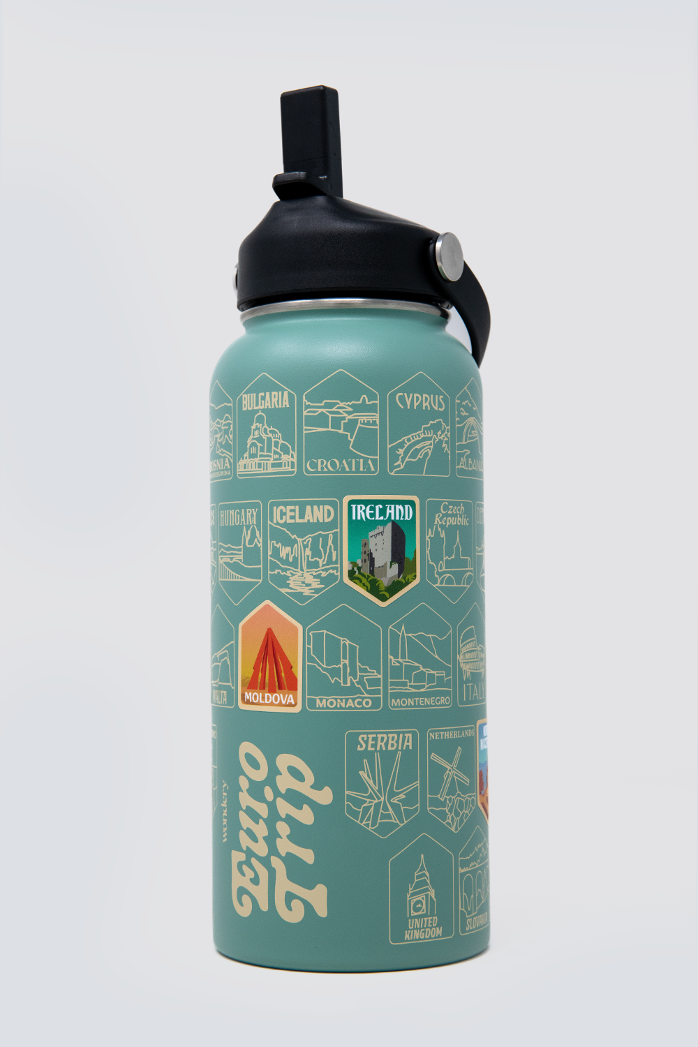 green euro trip travel water bottle with Ireland and Moldova sticker