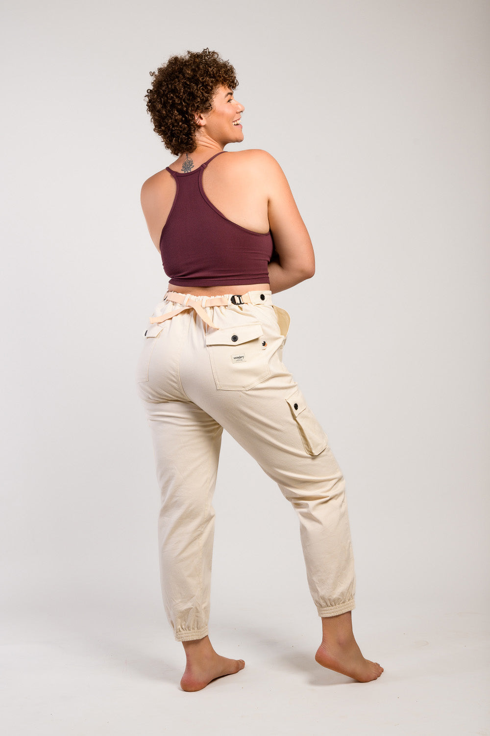 tall women's adjustable white cargo hiking pants and tank top #color_salton sea